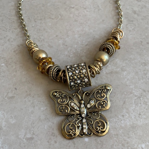 Fashion Jewelry Jewelry - Brass tone boho butterfly beaded necklace with rhinestones